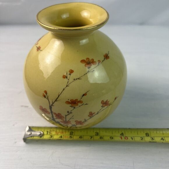 Vintage Hyalyn USA #834 Gold Trimmed Japanese Cherry Blossom Round Pottery Vase - Picture 9 of 9